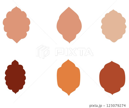 A set of six ornamental vector shapes in earthy tones. Perfect for Islamic, Moroccan, or decorative designs. Ideal for patterns, frames, and artistic compositions 123079274