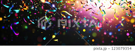 Multicolored light effect and zigzag ribbons falling from above. 123079354