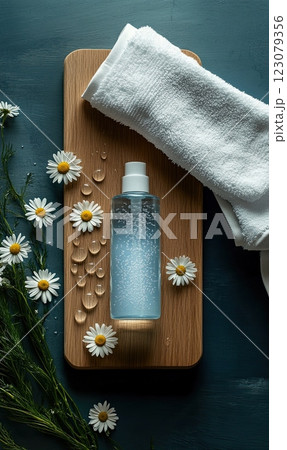 skincare product in a bottle placed on a rustic wooden board, towels and chamomile, warm sunlight. 123079356