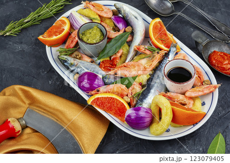 The concept of cooking, marinating fish. 123079405