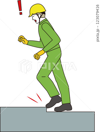 現場作業の危険な場面。作業員が段差に躓き転倒しそうなイラスト 123079416
