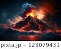 Volcanic eruption with fire lava emissions and dark smoke 123079431