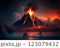 Volcanic eruption with fire lava emissions and dark smoke 123079432