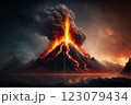 Volcanic eruption with fire lava emissions and dark smoke 123079434