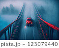 Above view landscape with red car on the bridge in misty morning 123079440