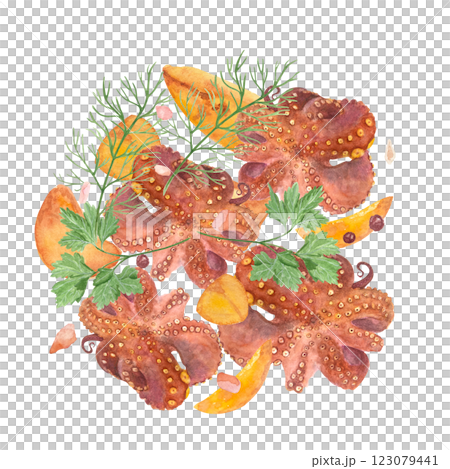 Fried octopus with potatoes, parsley, dill watercolor composition isolated on white. Hand-drawn sea food clip art perfect for cook books, blog posts, recipe, for posters, cards, kitchen decor design Fried octopus with potatoes, parsley, dill watercolor composition isolated on white. Hand-drawn sea food clip art perfect for cook books, blog posts, recipe, for posters, cards, kitchen decor design 123079441