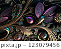 Abstract ornate pattern and flowers and vines, gold and iridescent 123079456