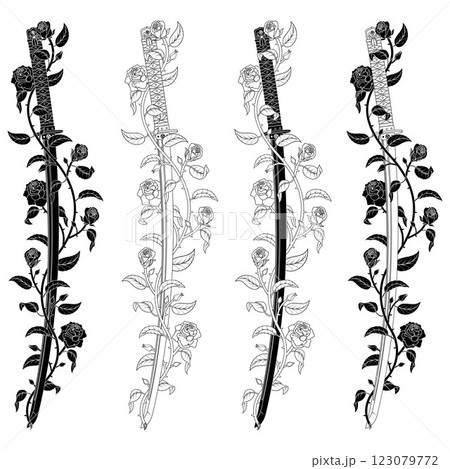Ancient Japanese katana surrounded with roses 123079772