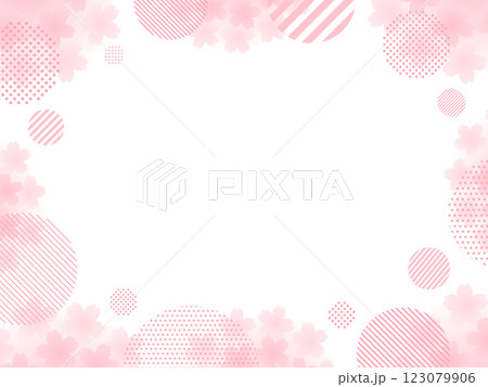 ピンクの桜とドットとストライプ柄の円の飾りフレーム 123079906