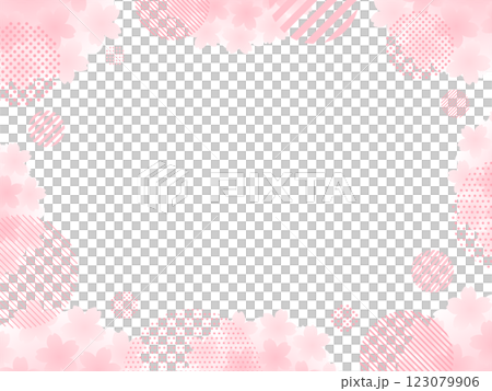 ピンクの桜とドットとストライプ柄の円の飾りフレーム 123079906