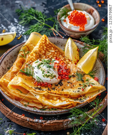 Delicious crepes served with sour cream, caviar, and fresh herbs on a dark rustic table with lemon wedges Delicious crepes served with sour cream, caviar, and fresh herbs on a dark rustic table with lemon wedges 123079967