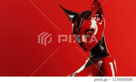 woman wearing a glossy red and black feline-inspired latex mask and bodysuit, with piercing red eyes set against a bold red background woman wearing a glossy red and black feline-inspired latex mask and bodysuit, with piercing red eyes set against a bold red background 123080006
