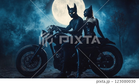 A mysterious duo clad in sleek black latex suits and feline-inspired masks ride a powerful motorcycle under the full moon 123080030