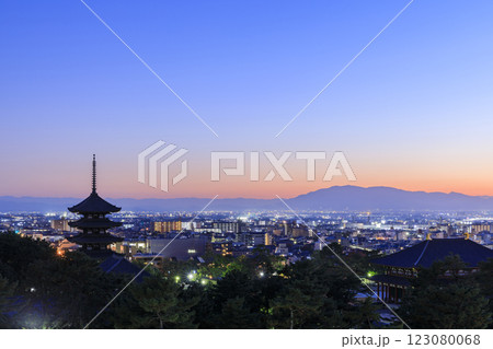 奈良の夕景　興福寺五重塔と街並み（奈良県奈良市） 123080068