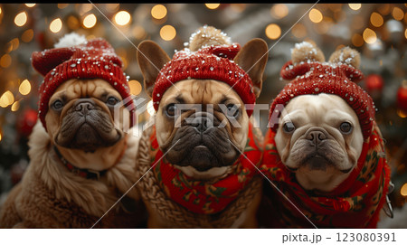 Three French bulldog puppies celebrate Christmas and New Year. Generative AI 123080391
