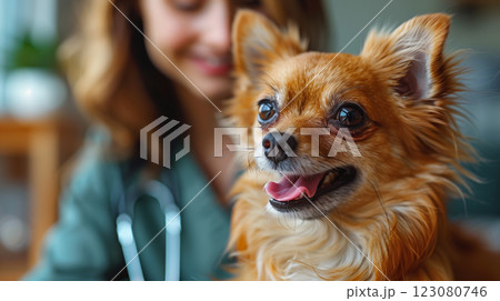A veterinary doctor and Pomeranian Spitz. Generative AI 123080746