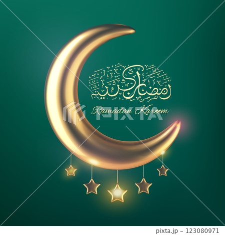 Golden crescent moon vector with hanging stars and Ramadan calligraphy on green background, elegant Ramadan Kareem greeting card, Islamic festive decoration. Luxury Eid Mubarak celebration design 123080971