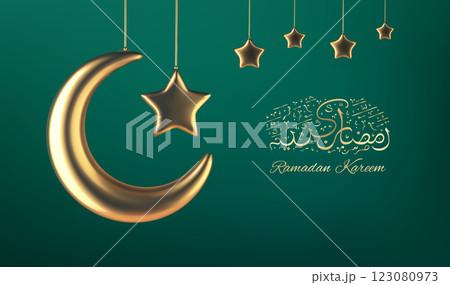 Golden crescent moon vector and stars with Ramadan calligraphy on green background, elegant Ramadan Kareem greeting card, festive Islamic decoration. Luxury Eid Mubarak celebration design 123080973