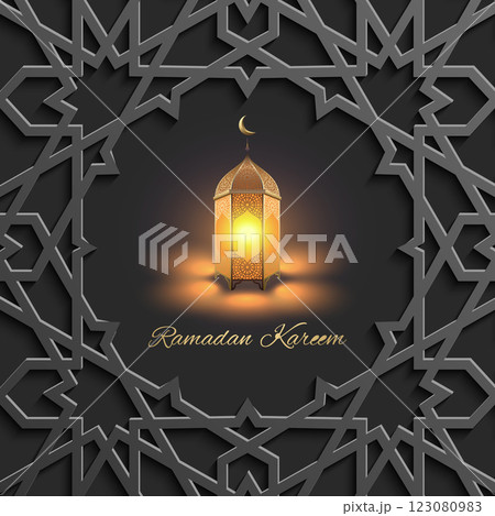 Elegant Ramadan Kareem greeting card featuring a glowing Arabic lantern, intricate geometric Islamic patterns, and golden calligraphy on black islamic pattern background, symbolizing spirituality 123080983