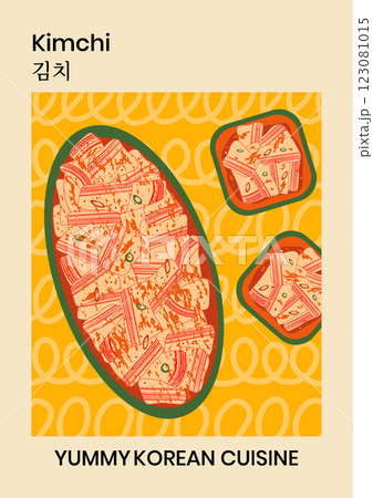 Korean kimchi salad dish vector poster illustration. Asian food bright modern interior wall art template with typography. Traditional yummy spicy South Korean side dish on yellow background 123081015