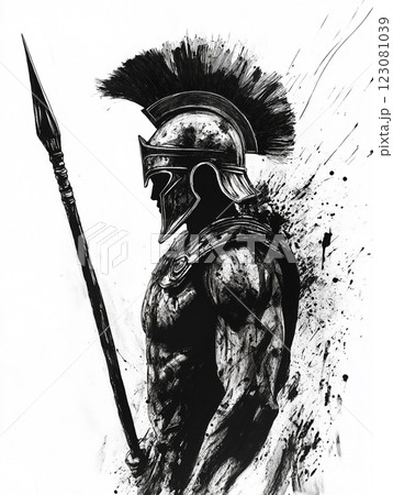 A black and white illustration of a Spartan warrior in profile, wearing a plumed helmet and holding a spear, with splattered ink effects adding a dramatic and dynamic feel. 123081039