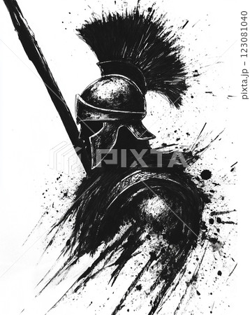 A black and white illustration of a Spartan warrior in profile, wearing a plumed helmet and holding a spear, with splattered ink effects adding a dramatic and dynamic feel. 123081040