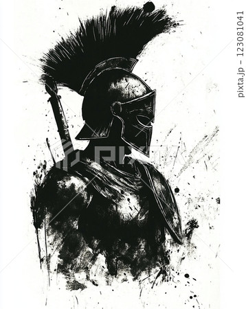 A black and white illustration of a Spartan warrior in profile, wearing a plumed helmet and holding a spear, with splattered ink effects adding a dramatic and dynamic feel. 123081041