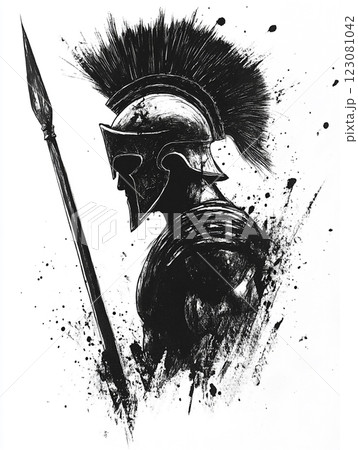 A black and white illustration of a Spartan warrior in profile, wearing a plumed helmet and holding a spear, with splattered ink effects adding a dramatic and dynamic feel. A black and white illustration of a Spartan warrior in profile, wearing a plumed helmet and holding a spear, with splattered ink effects adding a dramatic and dynamic feel. 123081042