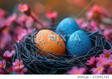 Three eggs in a cozy nest surrounded by pink flowers. AI-generated content. Three eggs in a cozy nest surrounded by pink flowers. AI-generated content. 123081191