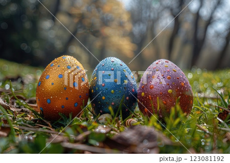 Three vibrant and colorful easter eggs are sitting peacefully in the grass. AI-generated content. Three vibrant and colorful easter eggs are sitting peacefully in the grass. AI-generated content. 123081192
