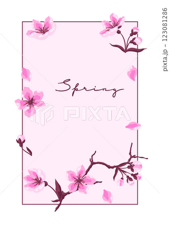 Frame with spring flowers. Apple, sakura or cherry blossom. Beautiful decorative blooming plants. 123081286