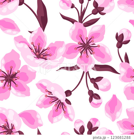 Pattern with spring flowers. Apple, sakura or cherry blossom. Beautiful decorative blooming plants. 123081288