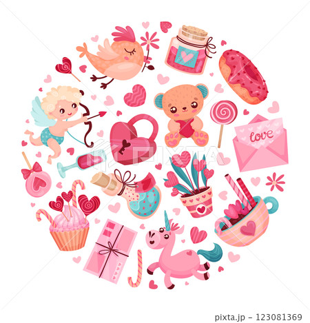 Valentines Day Symbol and Attribute with Heart Round Composition Vector Template 123081369