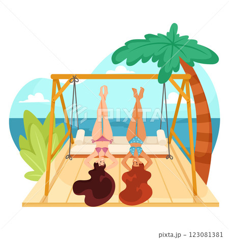Vacation at Sea with Woman Lounge on Swing Have Rest on Beach Vector Illustration 123081381