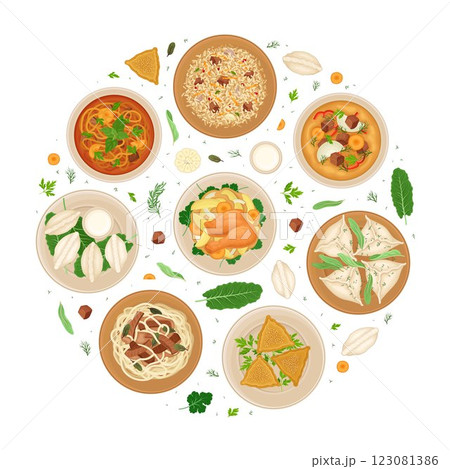 Uzbek Cuisine Dish and Meal Round Composition Vector Template Uzbek Cuisine Dish and Meal Round Composition Vector Template 123081386