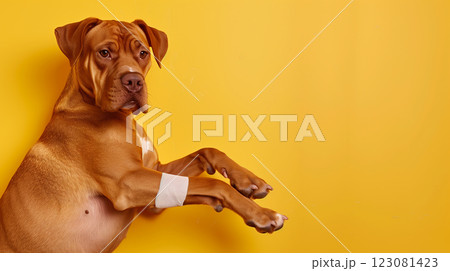 Sad dog with broken leg, injury, white banner copy space, pet with cast bandage 123081423