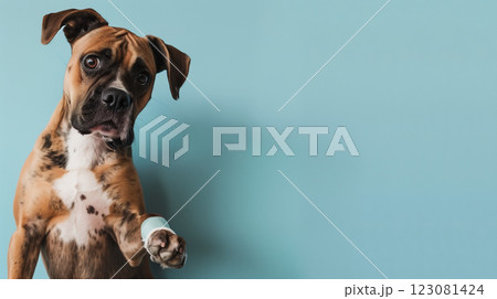 Sad dog with broken leg, injury, white banner copy space, pet with cast bandage 123081424