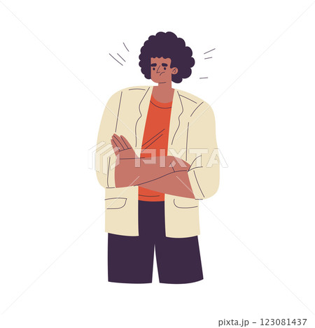 Displeased Man Character Stand with Folded Arm as Gesture of Rejection Vector Illustration Displeased Man Character Stand with Folded Arm as Gesture of Rejection Vector Illustration 123081437