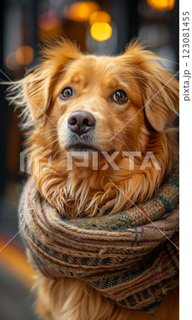 dog cuddled in snood scarf, cold, gas deficit banner 123081455