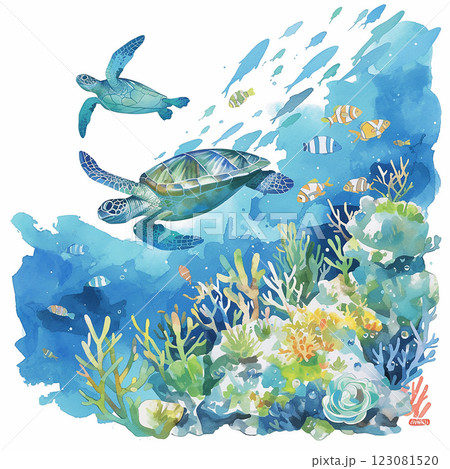 A turtle swims through a coral reef with fish swimming around it. The scene is vibrant and lively, with a sense of movement and energy. The colors of the coral and fish are bright and vivid 123081520