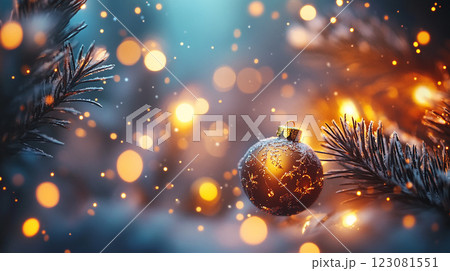 A golden ornament hangs on a tree branch covered in snow. The snowflakes are illuminated by the light, creating a warm and cozy atmosphere 123081551