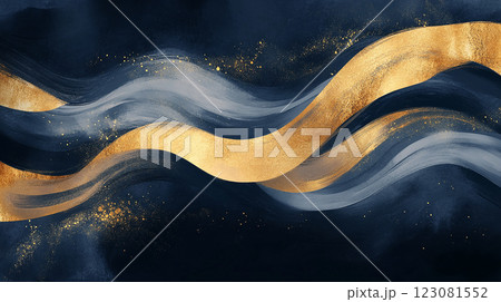 A painting of a wave with gold and blue colors. The gold and blue colors give the painting a sense of luxury and elegance. The wave appears to be flowing and dynamic, creating a sense of movement 123081552