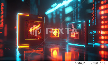 A computer screen with two icons, one of which is a graph. The other is a symbol that looks like a key. The image has a futuristic, high-tech vibe 123081554