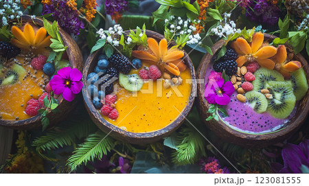Three bowls of fruit smoothies with flowers and fruit in them. The bowls are arranged in a row and are filled with a variety of fruits and flowers 123081555