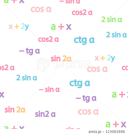 Seamless pattern with mathematical formulas and numbers. Algebra and geometry, calculations tangent, cotangent, sine, cosine 123081698