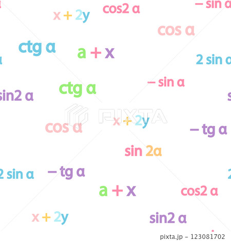 Seamless pattern with mathematical formulas and numbers. Algebra and geometry, calculations tangent, cotangent, sine, cosine Seamless pattern with mathematical formulas and numbers. Algebra and geometry, calculations tangent, cotangent, sine, cosine 123081702