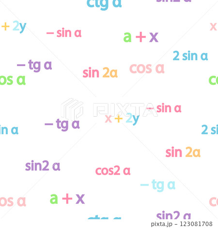 Seamless pattern with mathematical formulas and numbers. Algebra and geometry, calculations tangent, cotangent, sine, cosine 123081708