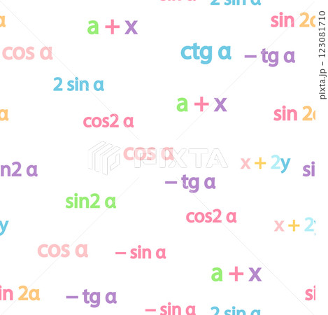 Seamless pattern with mathematical formulas and numbers. Algebra and geometry, calculations tangent, cotangent, sine, cosine 123081710
