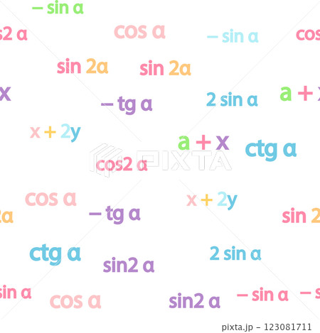 Seamless pattern with mathematical formulas and numbers. Algebra and geometry, calculations tangent, cotangent, sine, cosine 123081711