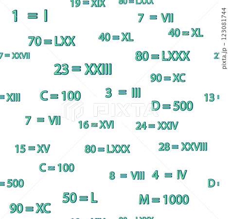 Seamless pattern with Roman numerals. Ten, twenty, thirty, forty, fifty, sixty, seventy, eighty, ninety. Algebra and geometry, calculations Seamless pattern with Roman numerals. Ten, twenty, thirty, forty, fifty, sixty, seventy, eighty, ninety. Algebra and geometry, calculations 123081744